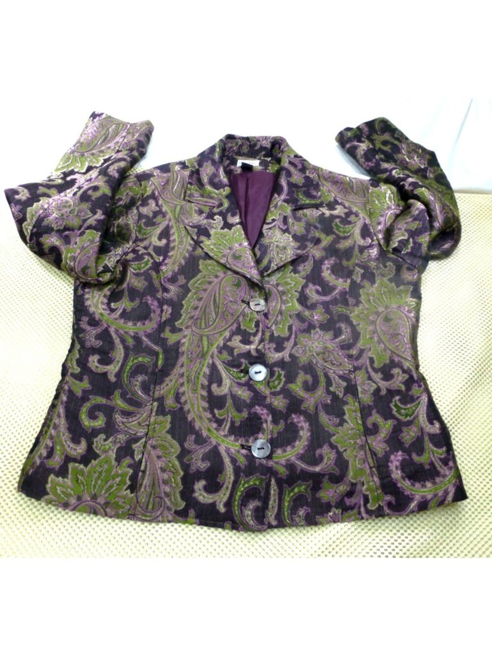 Chicos Purple & Green Paisley Metallic Blazer Jacket Size 2 Womens Long Sleeve
